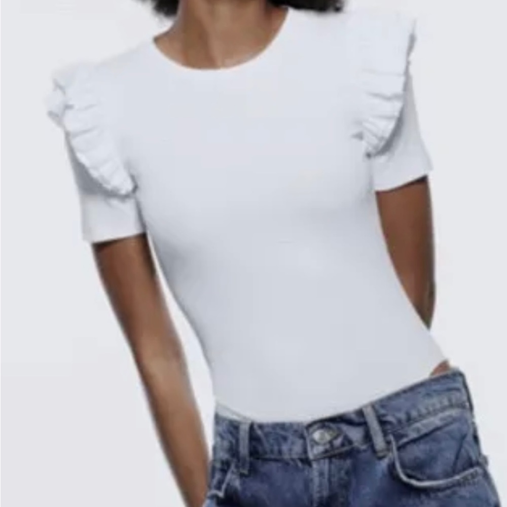 ZARA NEW white ruffled sleeves crew neck bodysuit